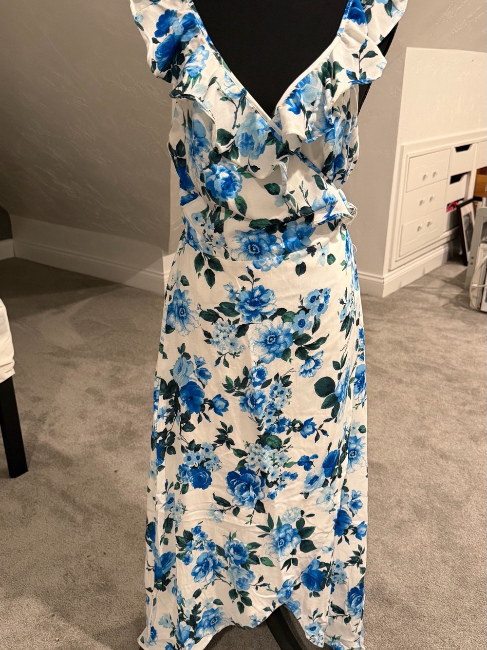 White Maxi Dress with Blue Floral Print